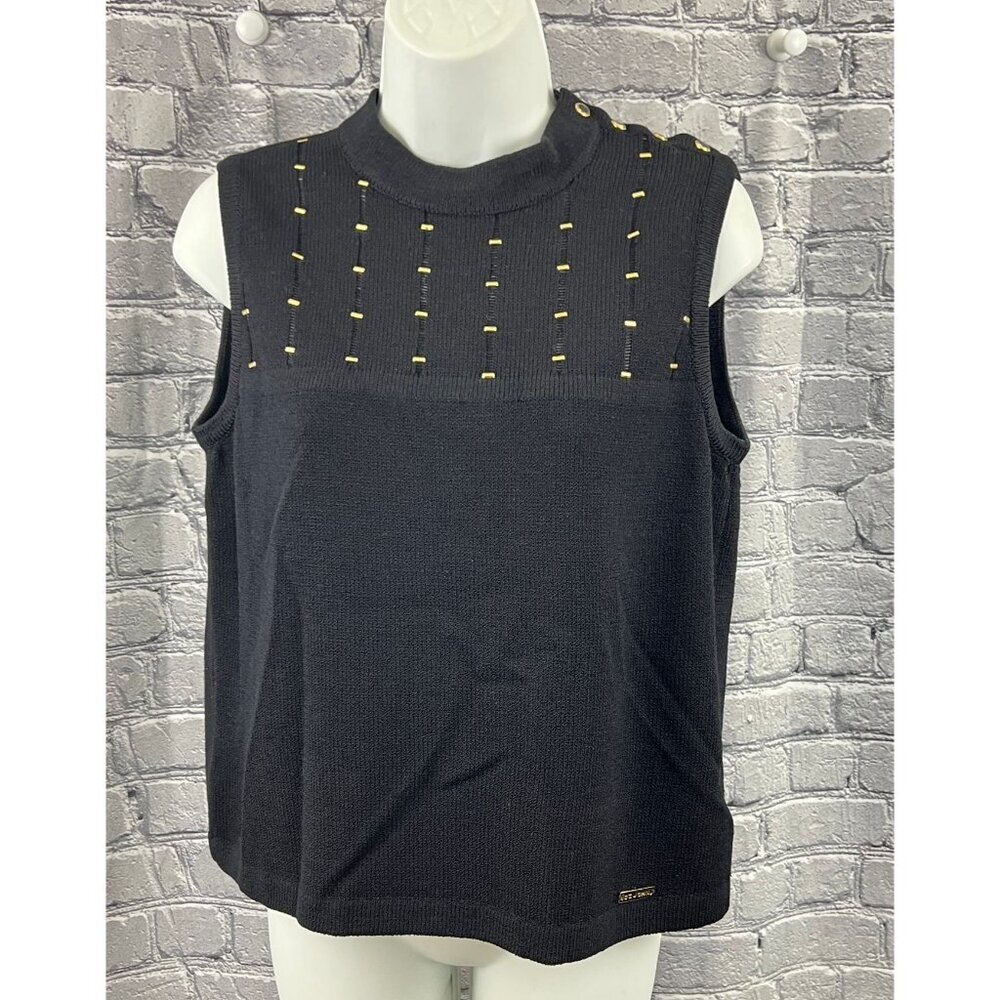 St John Black Santana Knit Sleeveless Shell‎ Tank Blouse  M paillettes Snap Neck